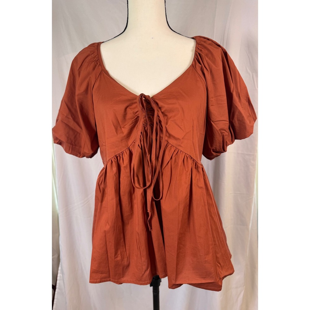 Fab'rik Rust Peplum Puff Sleeve Drawstring V-Neck Top Women L Excellent Blouse